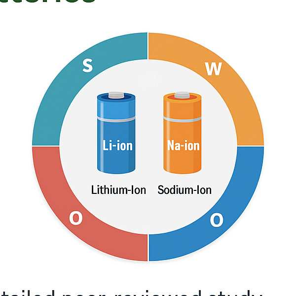 SWOT comparison diagram of lithium-ion and sodium-ion batteries, showing strengths, weaknesses, opportunities, and threats